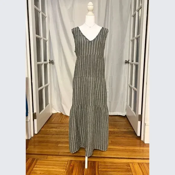 Marine Layer Pinstripe Tiered Maxi Dress XL Sustainable Cotton - Picture 2 of 5